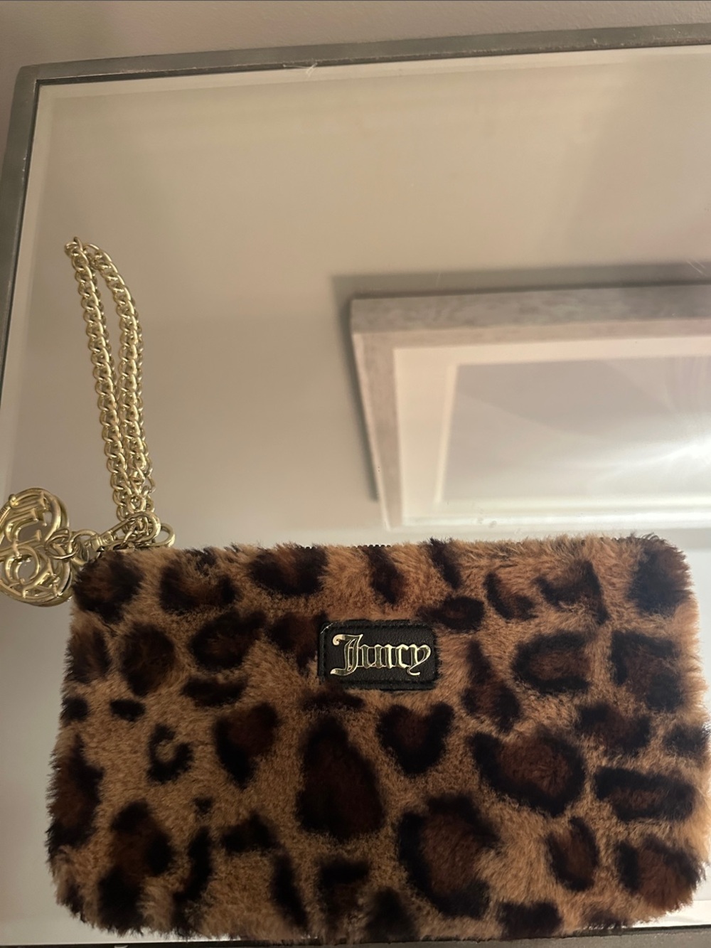 Juicy Couture Leopard Faux-Fur Wristlet with Gold Chain and Charm